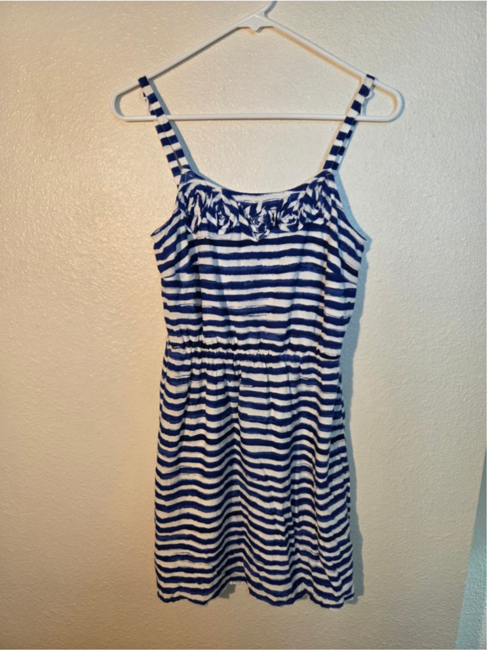 LOFT Women’s S Blue & White Striped Spaghetti Strap Sundress Floral Front Gather